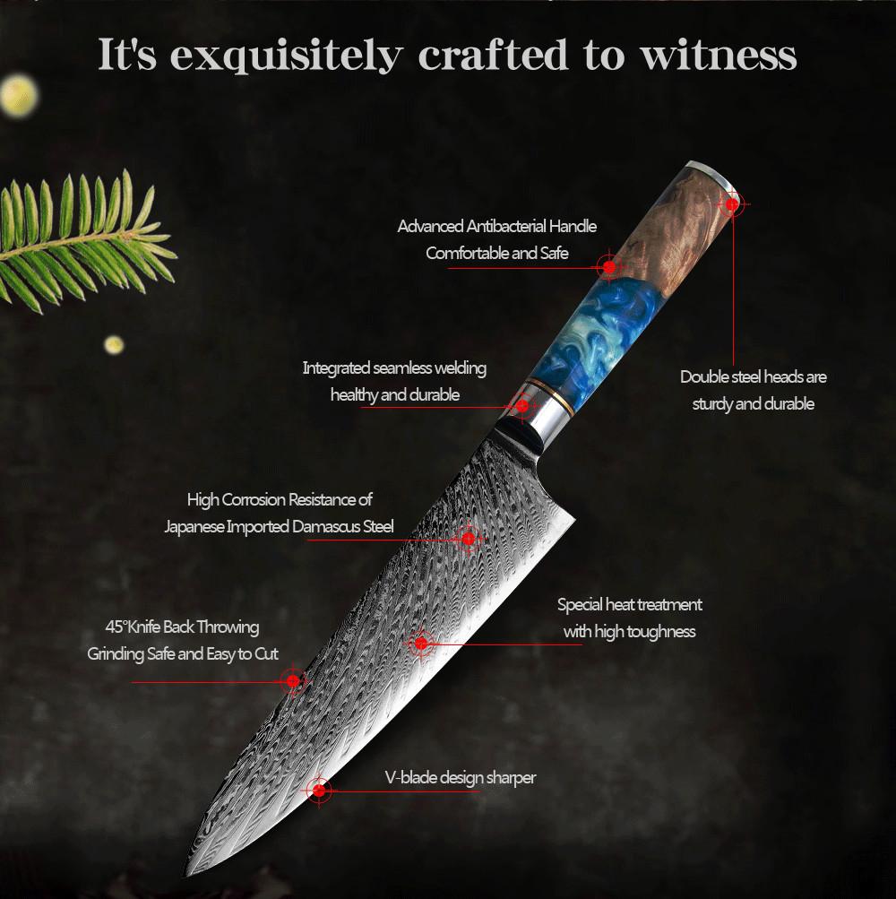 Kiyomi (きよみ) Damascus Steel Chef Knife with Blue Resin handle