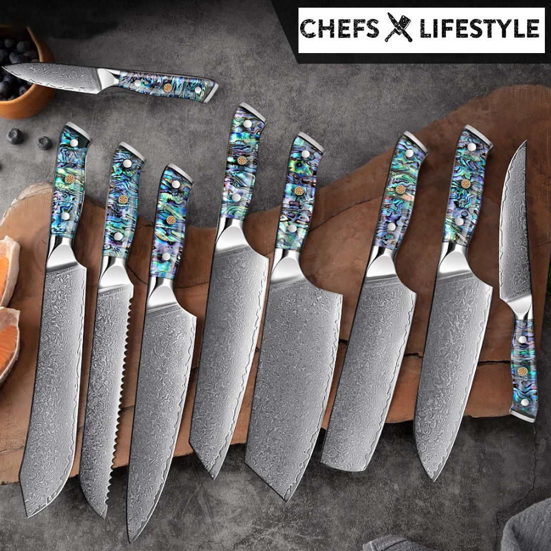 Kameko (かめこう) Set of 9 Damascus Steel Knives with Abalone Handle – Chefs  Lifestyle