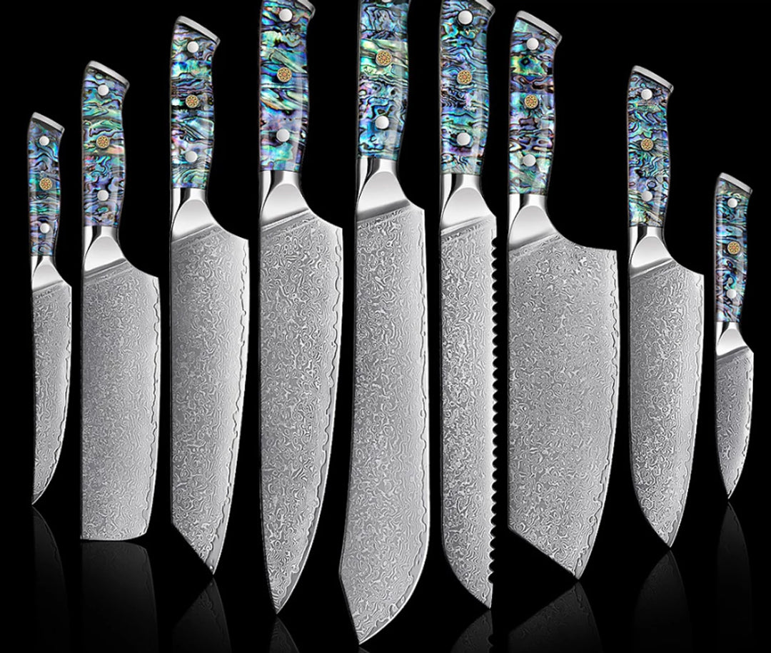 Kameko (かめこう) Set of 9 Damascus Steel Knives with Abalone Handle
