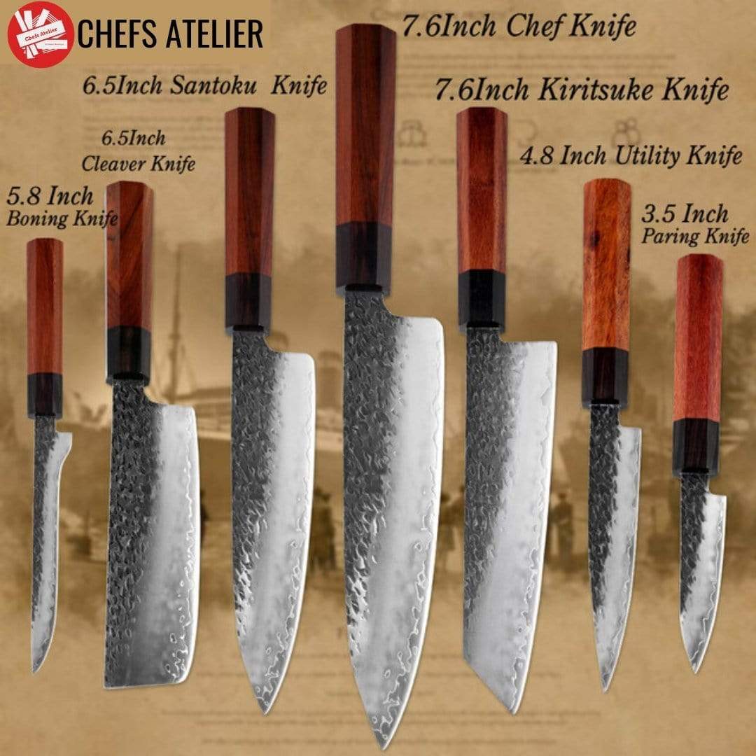 chefslifestyle chef lifestyle Chefs Atelier Yukimura Series Knife 7 PCS EXCLUSIVE SET damascus knives chef knife chef atelier best knife japanese review top lightweight balanced hand made kiritsuke serbian butcher knife hand forged best top quality free shipping high carbon steel