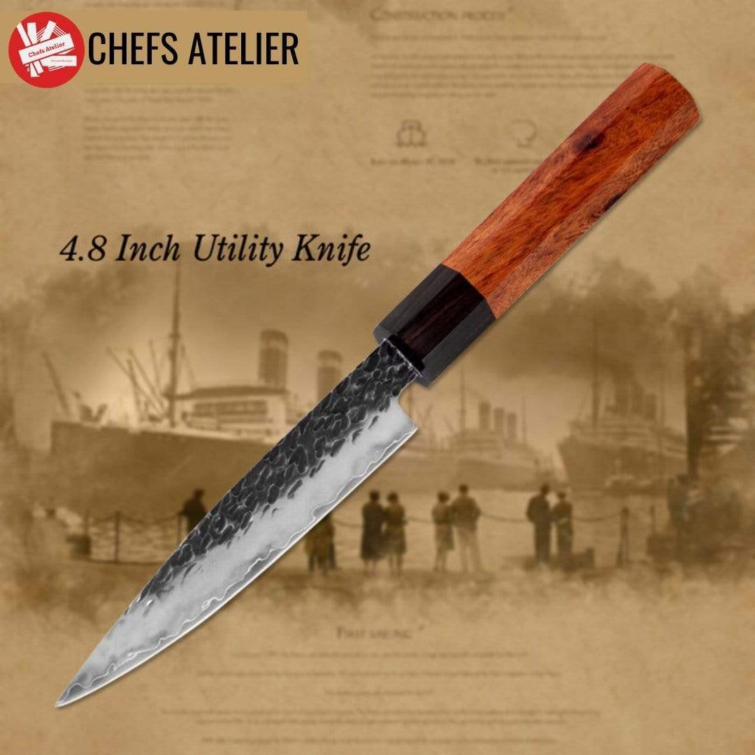 chefslifestyle chef lifestyle Chefs Atelier Yukimura Series Knife Utility Knife damascus knives chef knife chef atelier best knife japanese review top lightweight balanced hand made kiritsuke serbian butcher knife hand forged best top quality free shipping high carbon steel